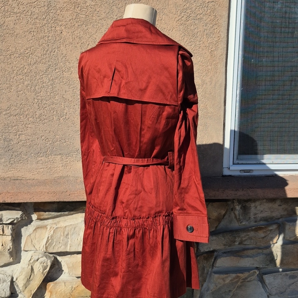 Elle Rust Trench Coat Ruffle Bottom Button Front With Belt Size Small - Picture 4 of 6